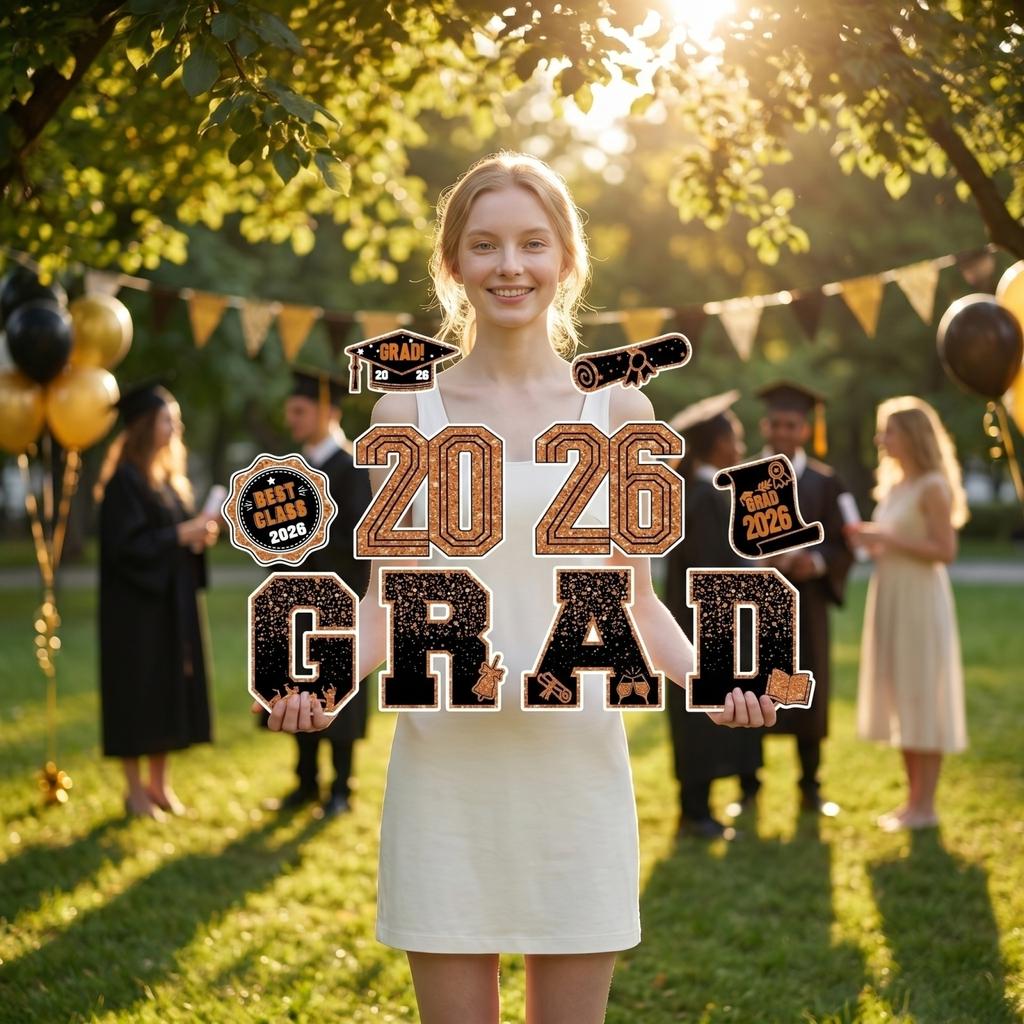 2026 Graduation Decorations, Patio Signs With Stands, 2026 Glittering Plastic Patio Signs For College Graduation Parties