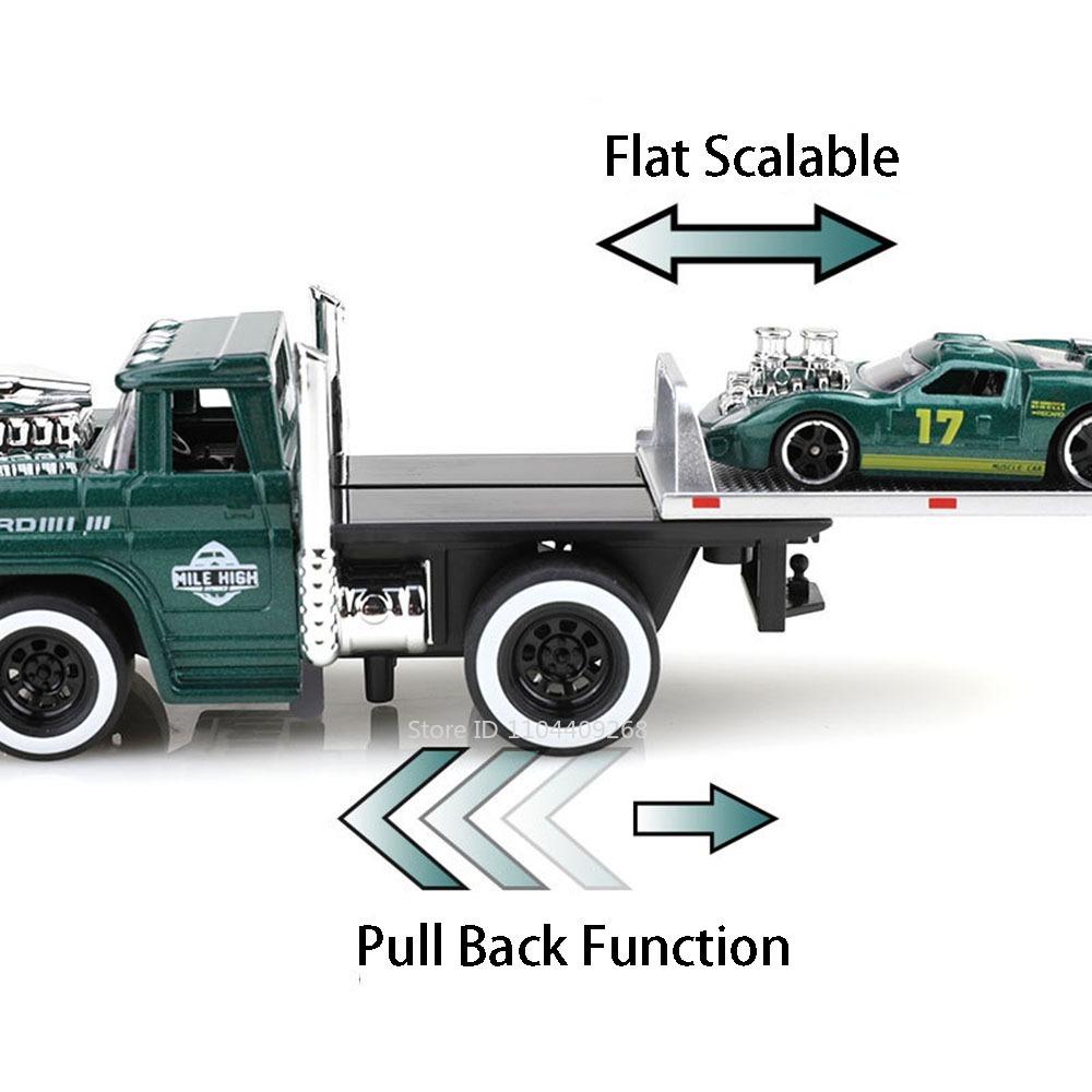 Scale 1:60 American Muscle Trailer Model Toy Car Sound Light Alloy Diecast Pull Back Flatcar Models Birthday Gifts for Kids