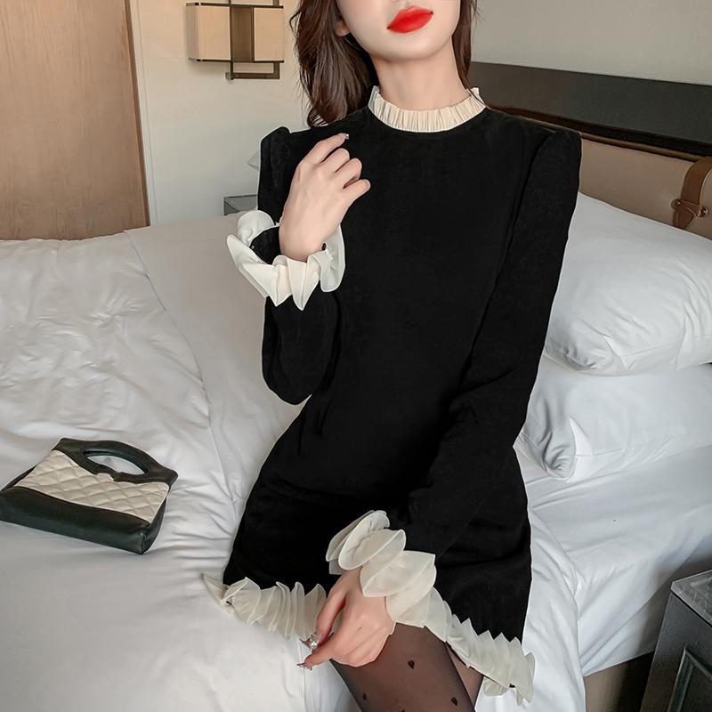 Damen Frühling Vintage Spitzenkleid Süße koreanische Kleidung Schwarze elegante Kleider