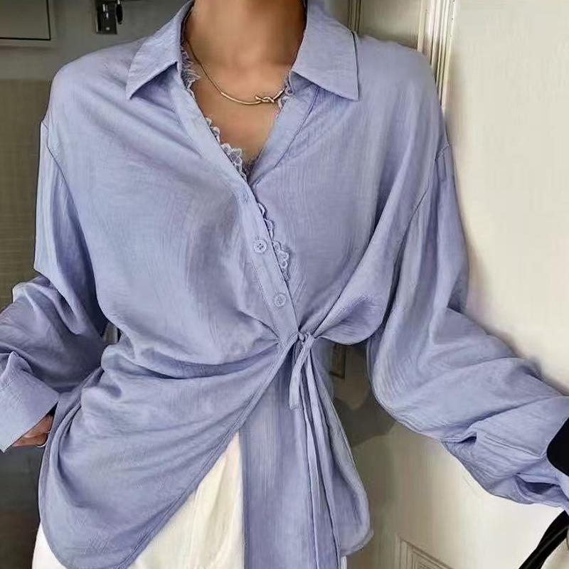 2026 Autumn Intellectual Style Blue Long Sleeve Shirt Lace-up Shirt Cardigan Women s Clothing S серый