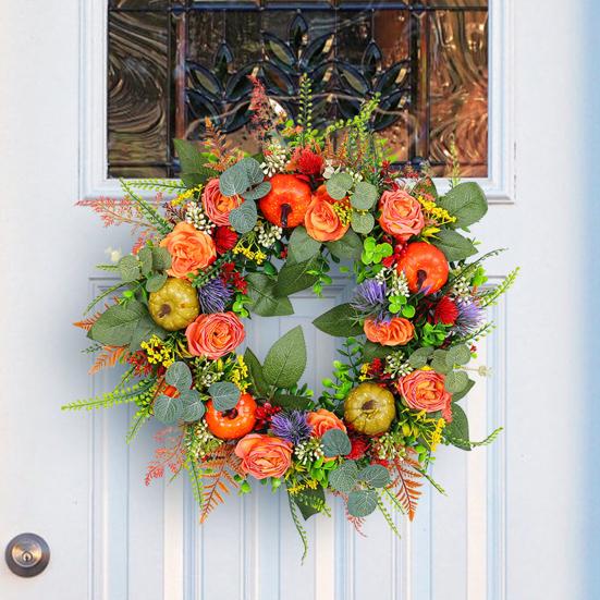 Fall Wreath for Front Door 16 Inch Autumn Artificial Wreath with Pumpkin Peony Flower for Harvest Thanksgiving Farmhouse Decor
