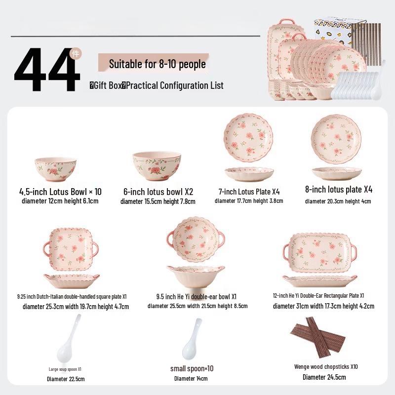 LanTuan 44-Piece Red Glaze Peach Blossom Ceramic Dinnerware Set