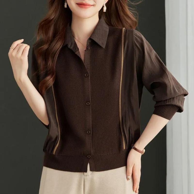 

Women s Pullover Button Long Sleeve Lapel Spring and Autumn Bottoming Shirt Women s Elegant Top S коричневий