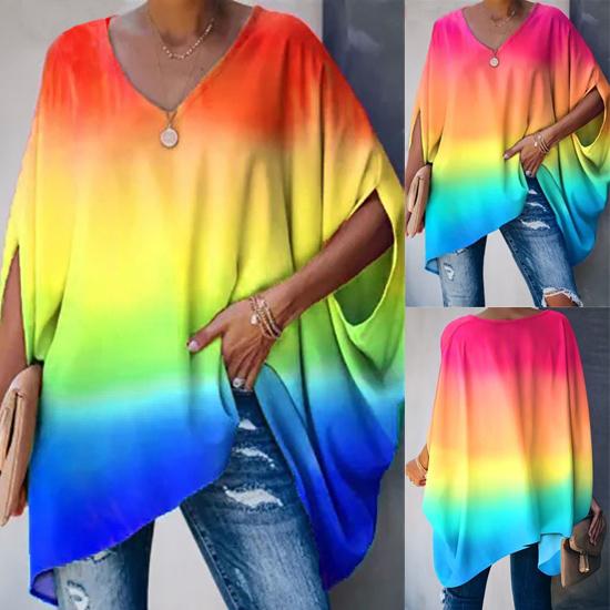 

Женская радуга Tye Die Свободная блузка V-образный вырез Бабочка Рукав Топы