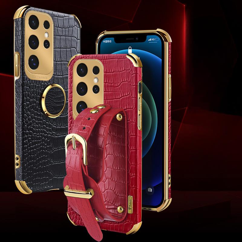 Crocodile Pattern Phone Case For Samsung Galaxy S25edge S24 FE S23 S22 S21 Ultra Plus FE Note 20 9 8 Back Cover With Wrist Strap