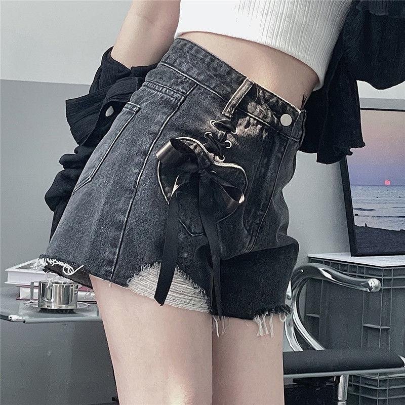 Bow Tie Torn Hole Denim Shorts for Women In Summer Korean Version High Waist Loose Fit Slimming and Wide Leg Hot Pants