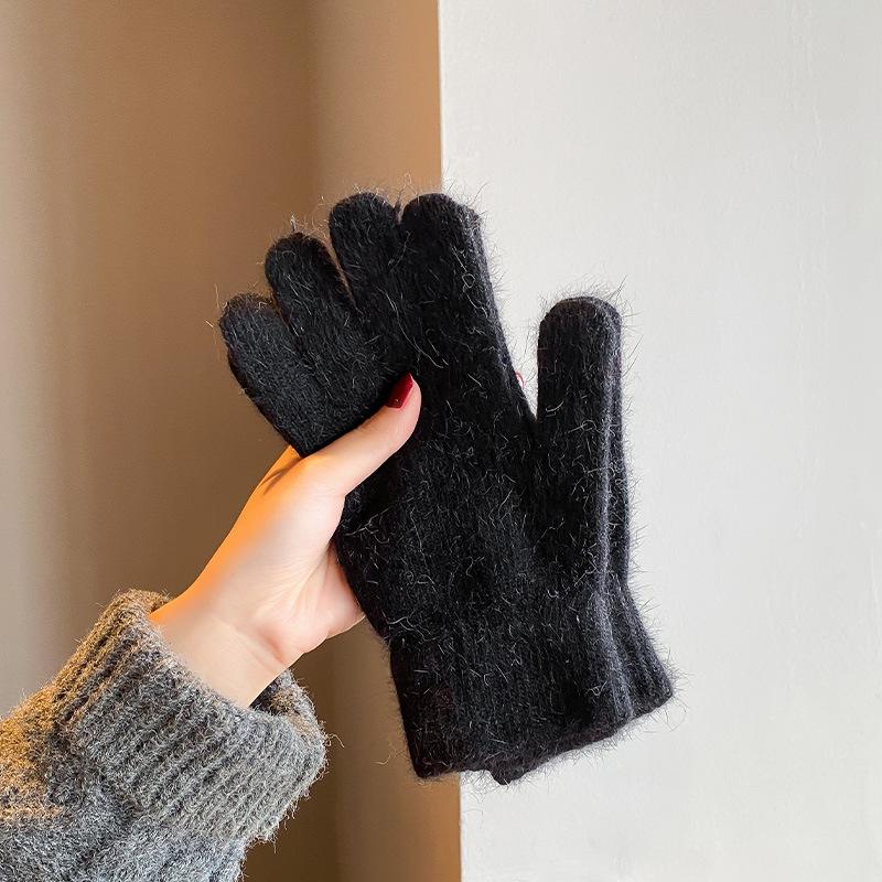 Finger gloves winter women's new thickened warm solid color cute student cycling cold-proof wool gloves women