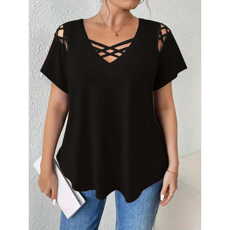

V-neck Short Sleeved Cross Strap T-shirt Large Size Summer Casual Fashion Hollow Out Blouse Solid Color Women Sweet Simple Office Shirts Clothing S чёрный