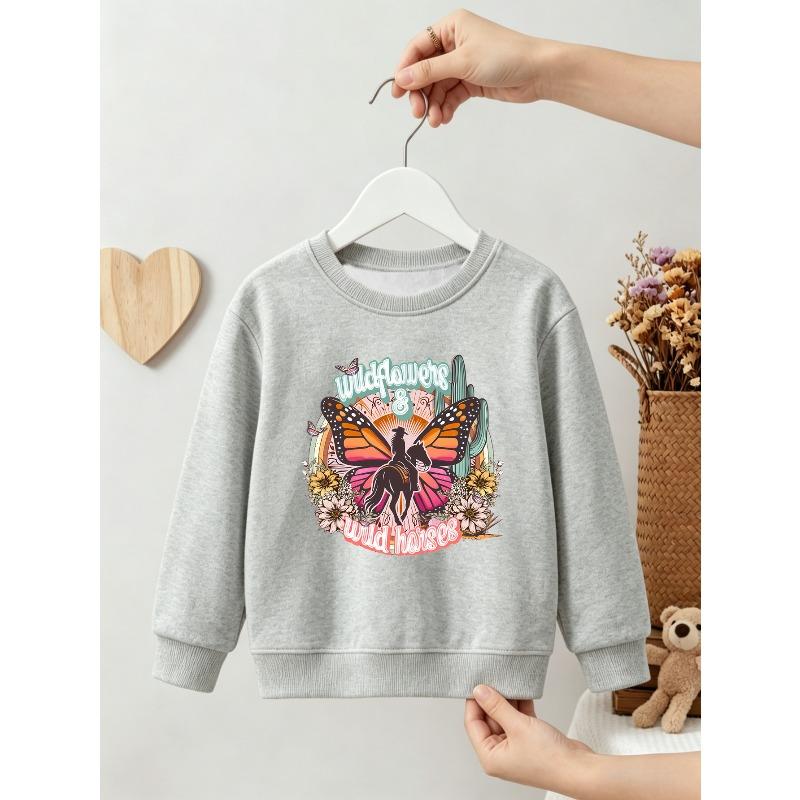 Kids Unisex Crewneck Sweatshirt, Western Cowboy Horse Butterfly Cactus Wildflower Print With Slogan "wildflowers & wild horses" Soft Fleece Pullover