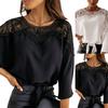 Women Blouse Solid Color Lace Patchwork Autumn Winter Hollow Out Long Sleeve O Neck Shirt Streetwear