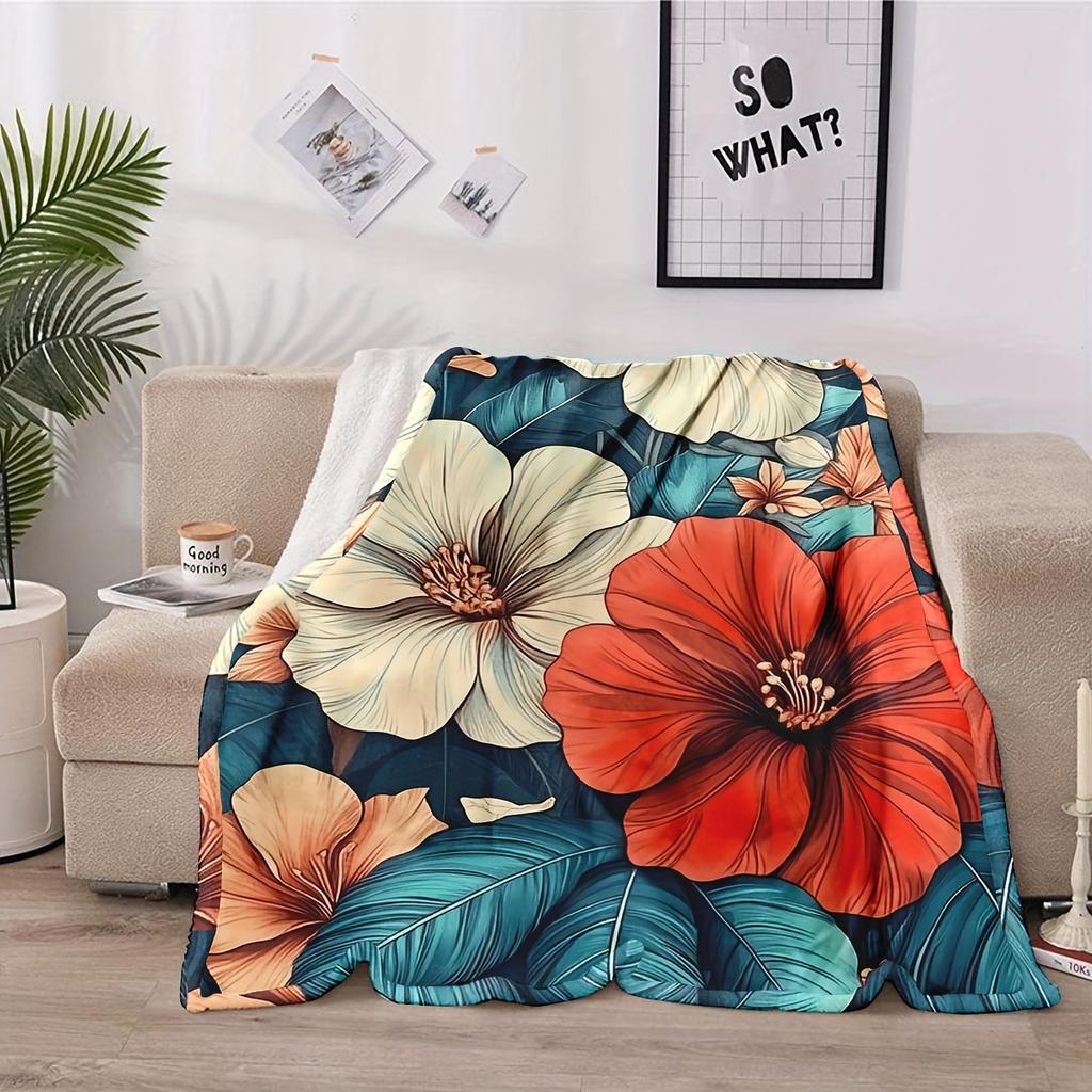 1pc Vibrant Floral Hibiscus Flannel Blanket - Soft, Lightweight Polyester Throw with Red and Pink Flowers for Home Decor, Beach,