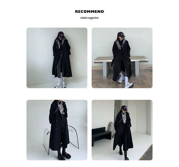 2025 New Korean Style Women's Color Block Mid-Length Trench Coat - Black Casual Spring/Autumn Wear