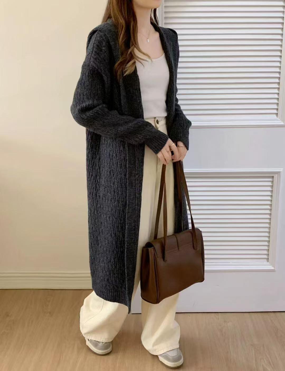 

Korean Style Hooded Slimming Long Knit Cardigan for Women - Autumn/Winter Fashion. One Size 80-130 kg серый