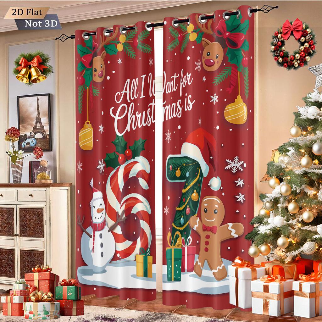 Set Of 2 Merry Christmas Element Print Perforated Curtains Various Sizes Living Rooms Bedrooms Insulation Decoration Curtain Blackout Polyester Ideal