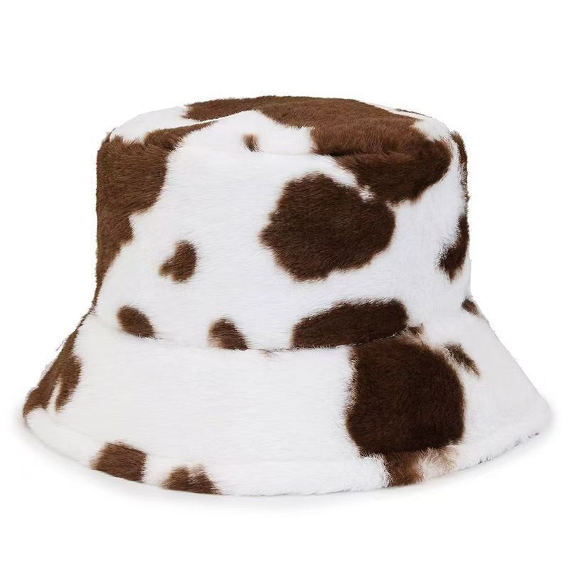 Black and white cow pattern bucket hat autumn and winter plush warm shopping versatile basin hat