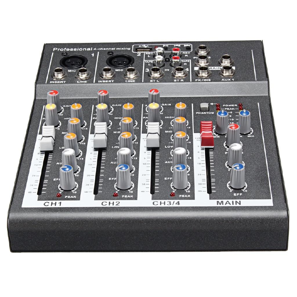 4 Channel Mixer Mini Professional Live Studio Audio Mixer USB Mixing Console DJ Stage KTV black/silver 48V 23.6*19.3cm