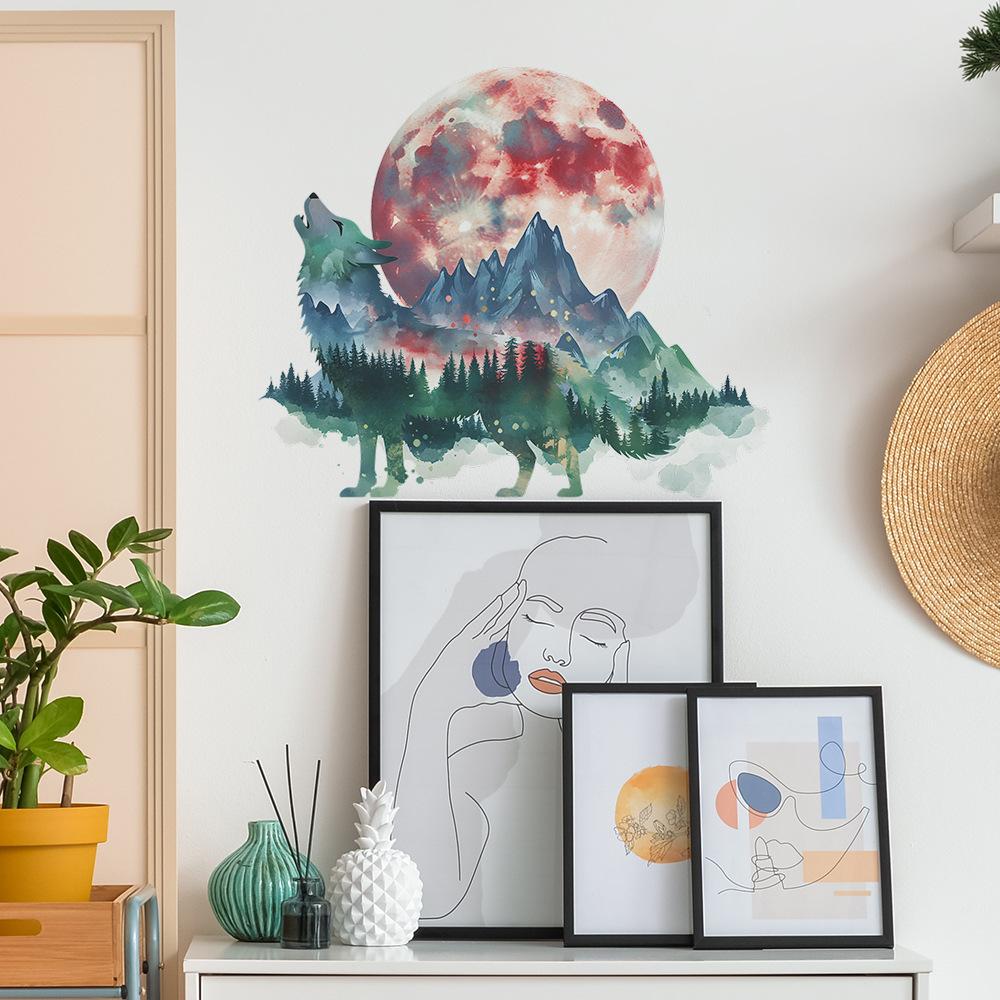 Howling Wolf at Moon Mountain Forest Wall Sticker Self-Adhesive Removable Bedroom Living Room Hallway Dorm Nature Landscape Home Decor Art