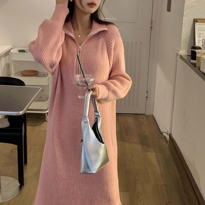 

Вязаный свитер-пуловер женский зимний на молнии утолщенный длиной до колена с высоким воротом свободная внутренняя юбка-свитер One Size розовый