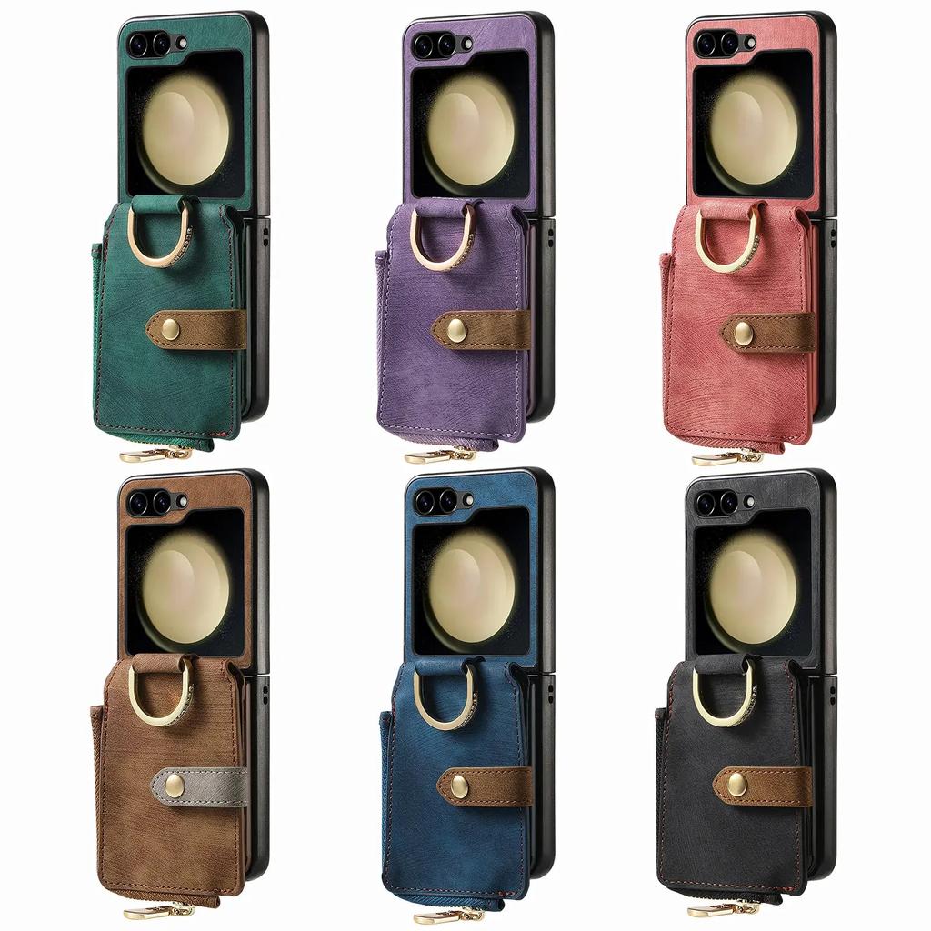 Zipper Cards Solt Purse Ring Holder Vintage Leather Wallet Case for Samsung Galaxy Z Flip 7 FE 6 5 4 5G Flip5 Bag Stand Cover