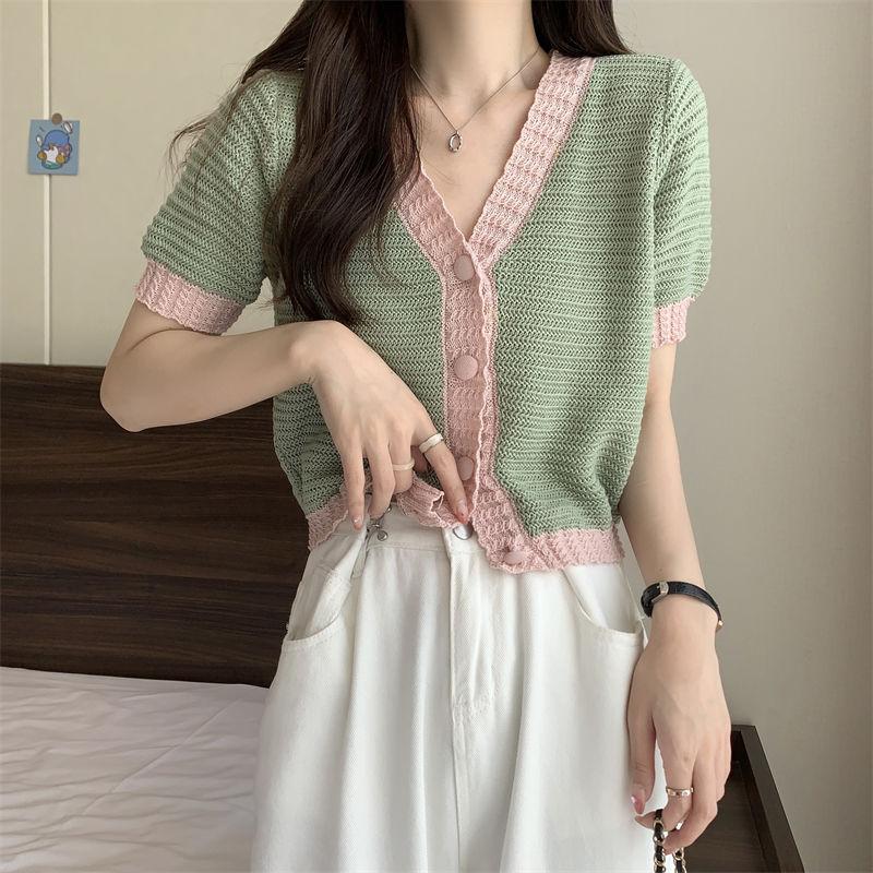 Blue Short Sleeved Knitted Sweater Women's Summer Thin Cardigan Design Sense Short Knitted Top