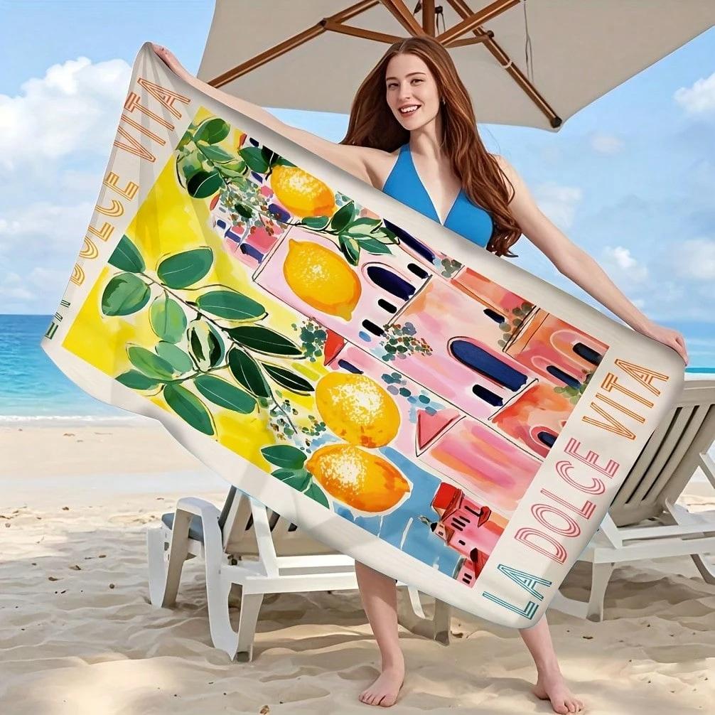 1PC Italian Lemon Print Beach Towel, Polyester Lightweight Quick Dry Towel, Versatile Beach Mat for Swimwear, Travel & Outdoor W