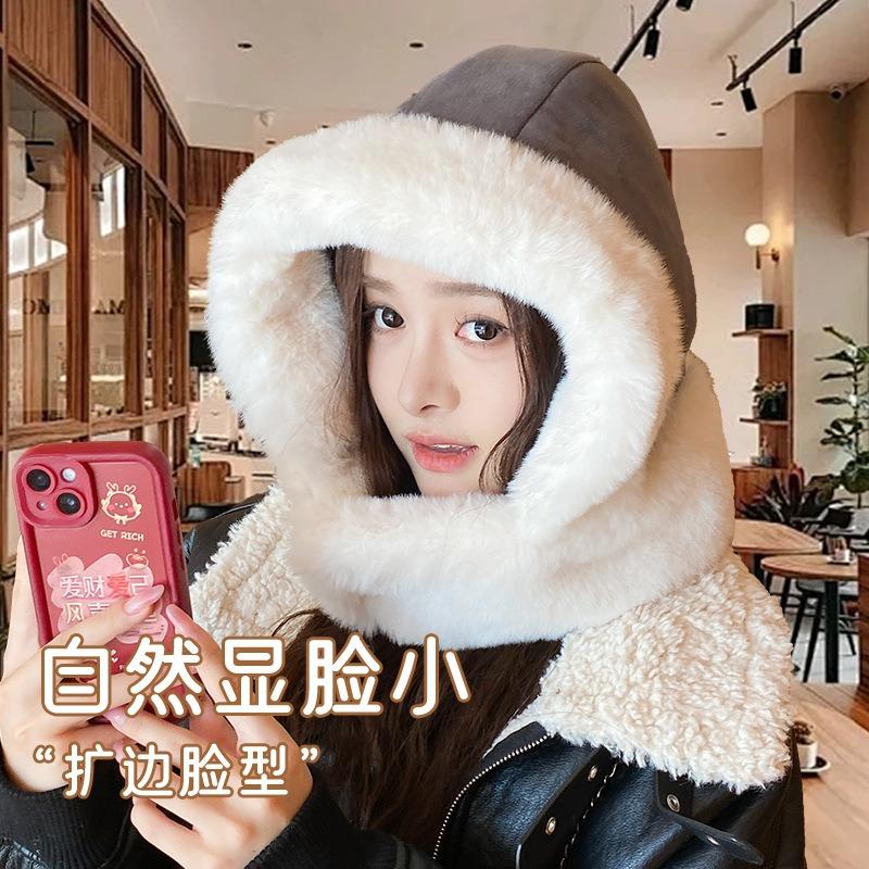 Autumn and winter integrated hat women's wool hat with scarf thickened plush wool hat big head circumference versatile loose hat
