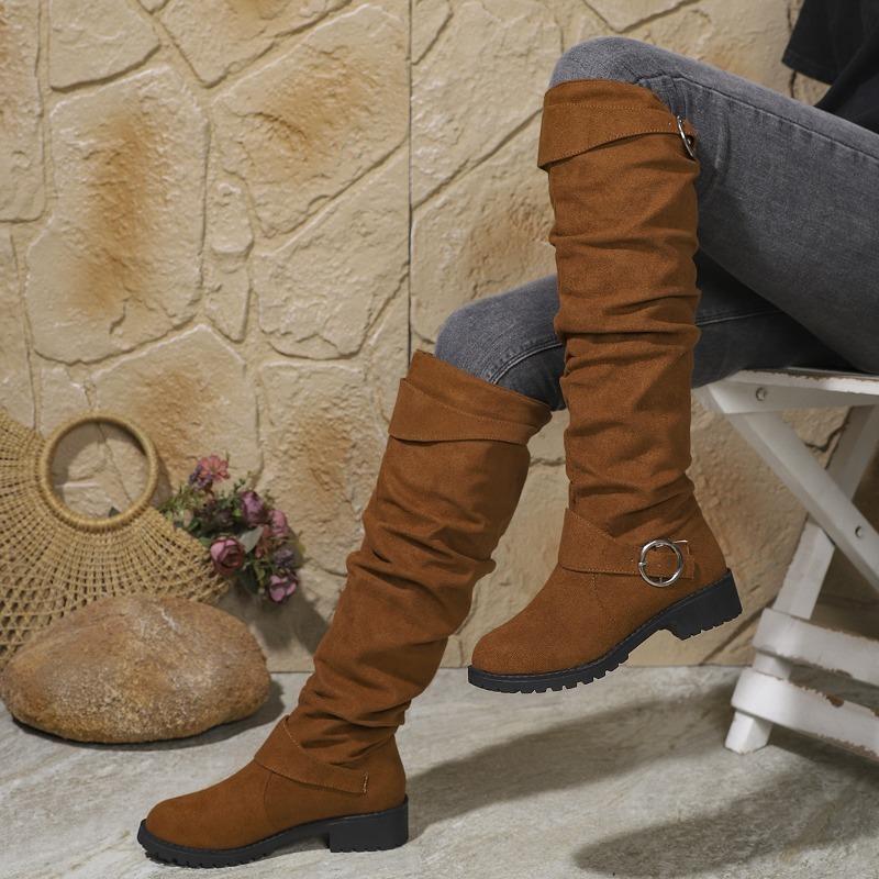 Women Boots 2026 Autumn Sexy Knee High Women Flats Shoes Round Toe Female Long Boots Comfortable Non Slip Outdoor Buckle Botas