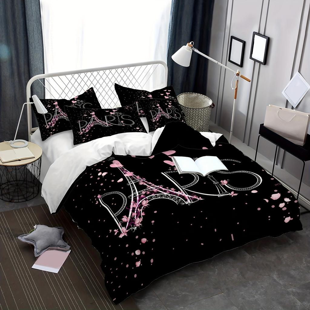 Eiffel Tower Print Washable Microfiber Bedding Set Soft Comfortable Duvet Cover For Bedroom1*Duvet Cover +2*Pillowcase