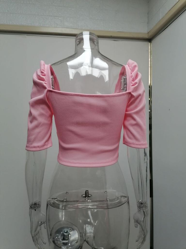 Women's Spring New Women's Simple Square Neck Puff Sleeve Top Women's Short Sleeve