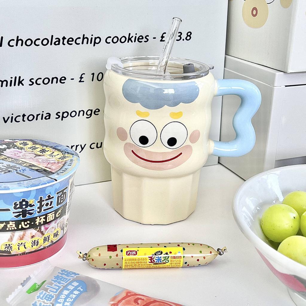 Cute cute clown straw cup high value ceramic mug with lid funny couple drinking cup birthday gift