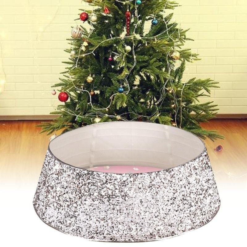 Christmas Skirt Tree Base Stand Cover Holiday Decoration Silver White Piece Bead