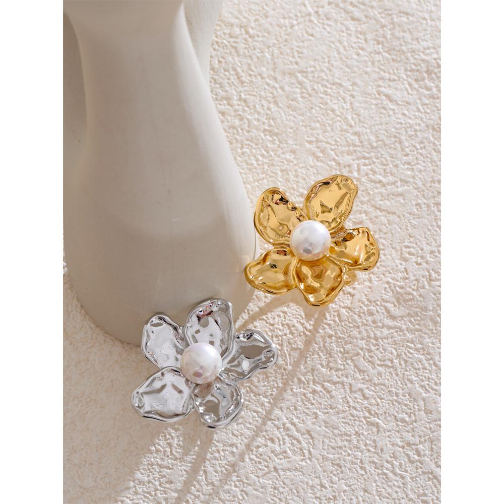 Yhpup Stainless Steel Flower Open Adjustable Ring Elegant Chic Finger Jewelry Imitation Pearls Women Trendy Accessories Ring