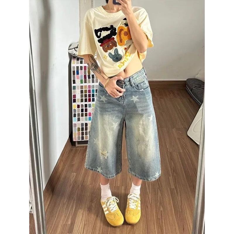 Zuo Se Petite American Retro Star Print High-Waist Denim Capri XS
