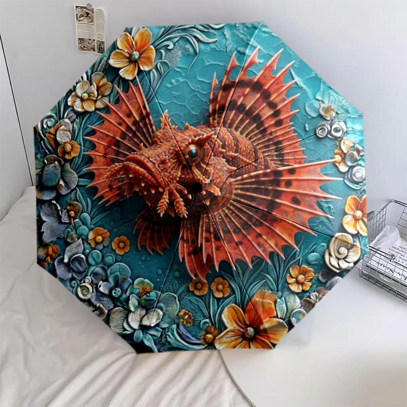 0106 Embossed Floral Marine Animals Pattern, Automatic Folding Umbrella, Portable and Foldable Design, 8 Ribs, a Christmas or Birthday Gift.