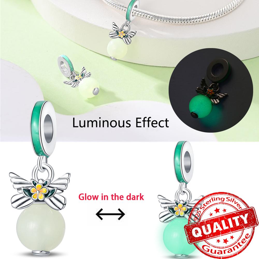 Original 925 Sterling Copper Glow-in-the-dark Green Zircon Heart Butterfly & Spinning Ball Dangle Charm Fits Original Bracelet