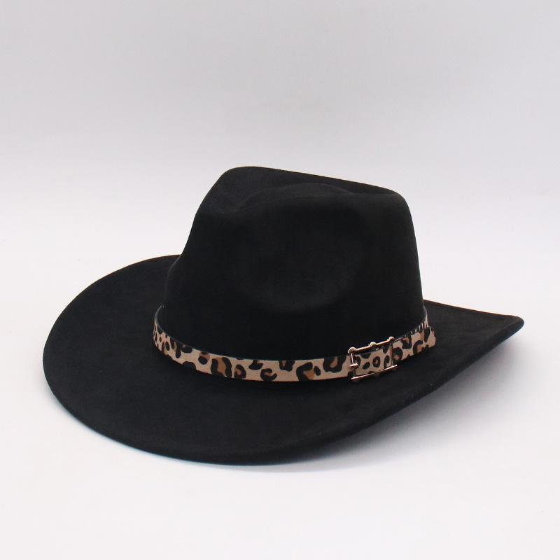 New Leopard Print Belt Hemming Top Hat Jazz Hat Retro Black Woolen Jazz Hat Flat Brim Big Eaves Hat