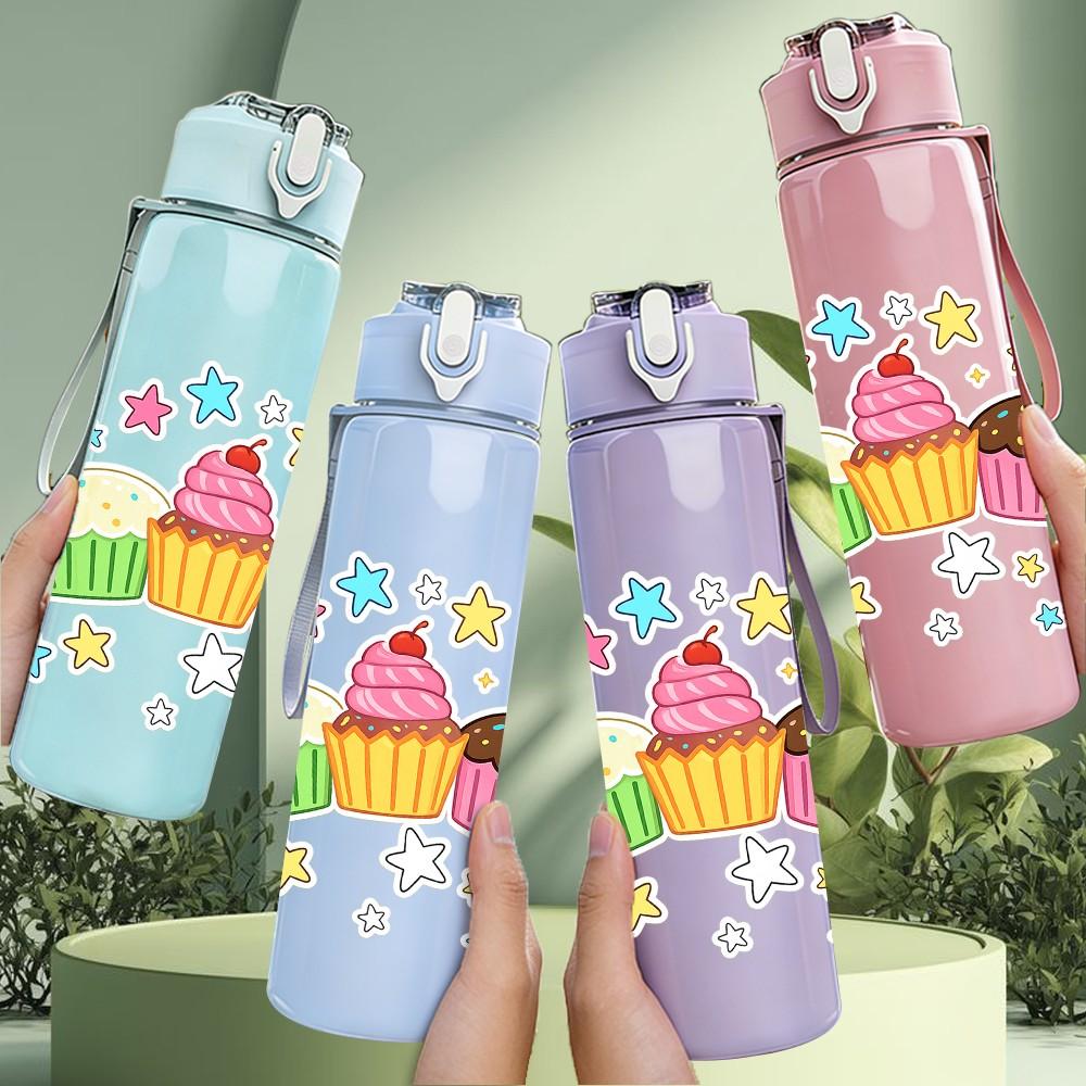 1PC Cupcake Birthday Party Dessert Print 750ml Color Plastic Sports Water Bottle Leakproof Flip Straw Lid Suitable for Sports Office Home Use