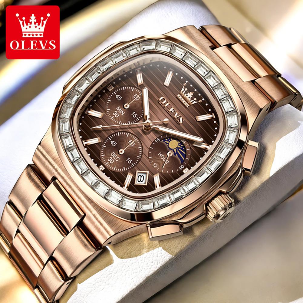 OLEVS 44MM Mens Watch Original Luxury Trendy Square Quartz Watch Moon Phase Waterproof Luminous Watches For Man Box Gift 3739