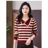 Spring and Autumn Women's Jacquard Lapel Striped Sweater Knitted Sweater Loose Base Sweater
