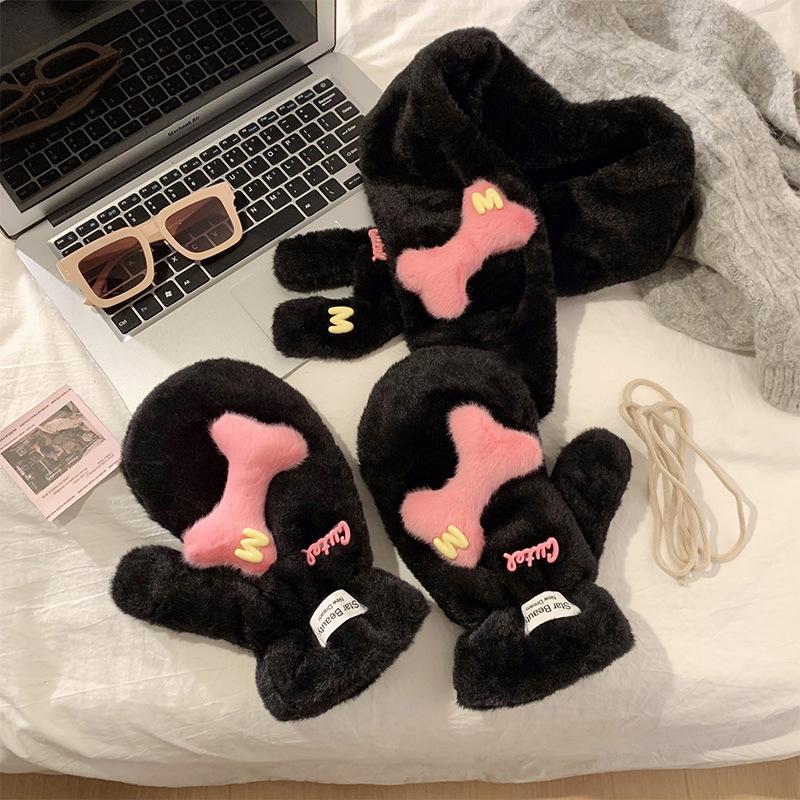 Cute Warm Plush Thickened Gloves Winter Ski Riding Windproof and Cold Cartoon Neck Five-finger Gloves