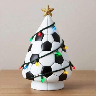 Christmas Tree Shaped Soccer Ball Ornament Football Xmas Tree Decor with Gold Star Indoor Table Decorations Figurine