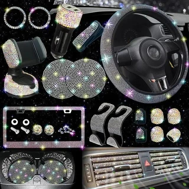 Car Accessories Set 27/4Piece Women Bling Universal Fit Polyester Steering Cover Shiny License Frame Phone Holder Coasters Tools