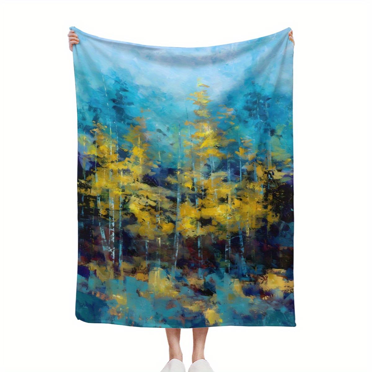 Heavyweight Flannel Blanket - Turquoise Blue Golden Forest Print with Birch Trees, 130x150cm51x59in