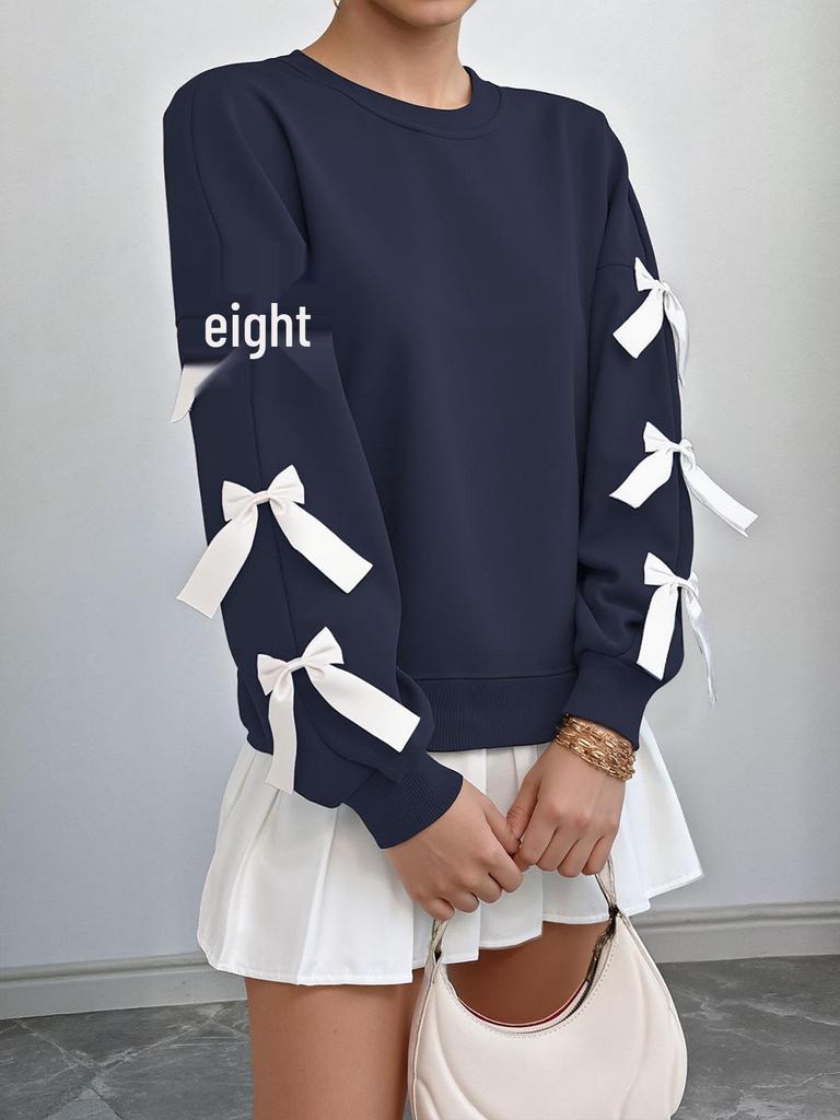 2026 Autumn/Winter Women's Solid Color Bow Long Sleeve Round Neck Hoodie for Christmas