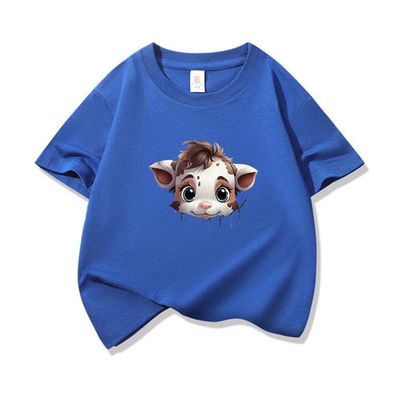 Kids Cotton T Shirt Light Spotted Baby Cow Peeking Print Crew Neck Short Sleeve Tee Casual Boys Girls Summer Tops