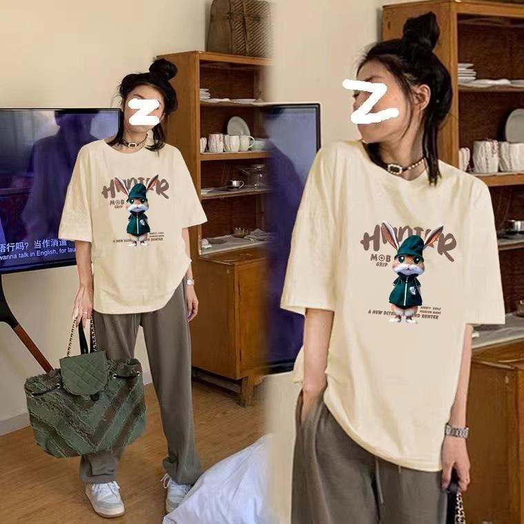 

Casual medium and long short-sleeved t-shirt women s summer 2025 new trendy brand pure cotton rabbit inner top ns XXXL абрикосовий