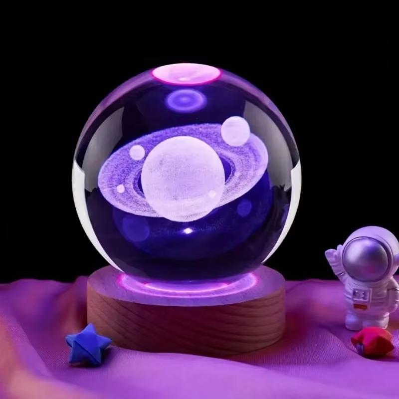 Umgebungslicht Saturn 3D Kugel Lampe Sonnensystem Kristallkugel mit Mehrfarbiger LED Lichtbasis Stimmungslicht Geschenke Geburtstag