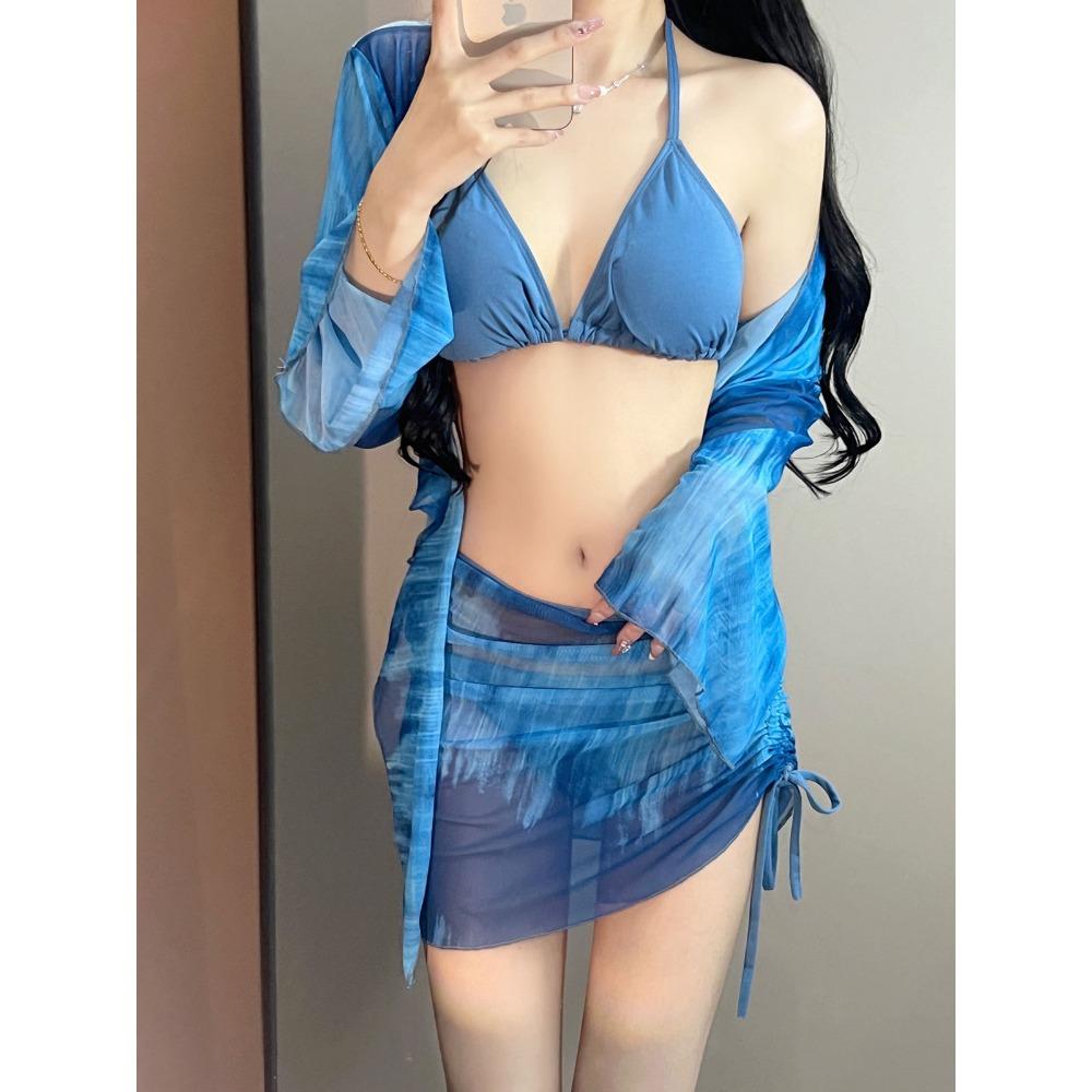 

Купальник для отдыха на море, четыре части, консервативный, маленькая грудь, собирающий, раздельный купальник, горячий источник, бикини L синий