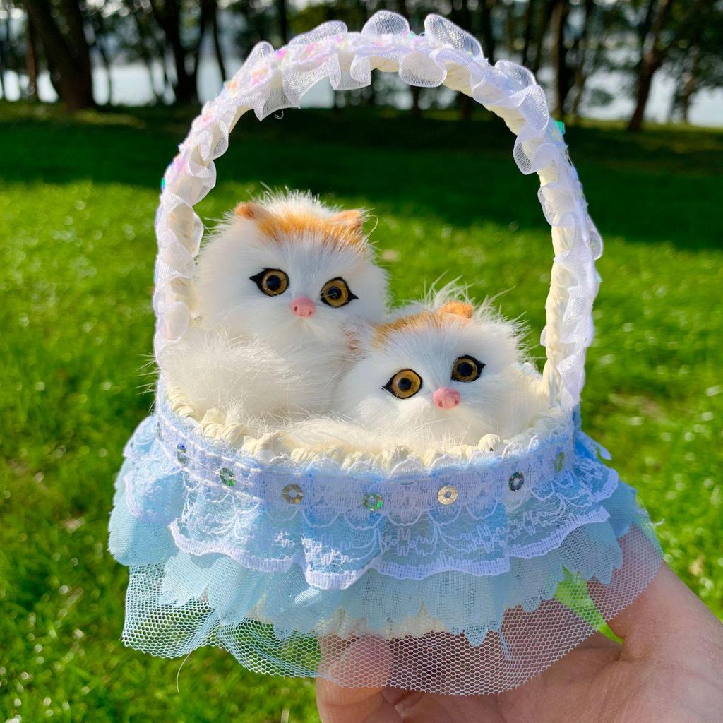 Mother Cat and Kitten with Basket Figurine - Toy Gift for Kids or Girlfriend