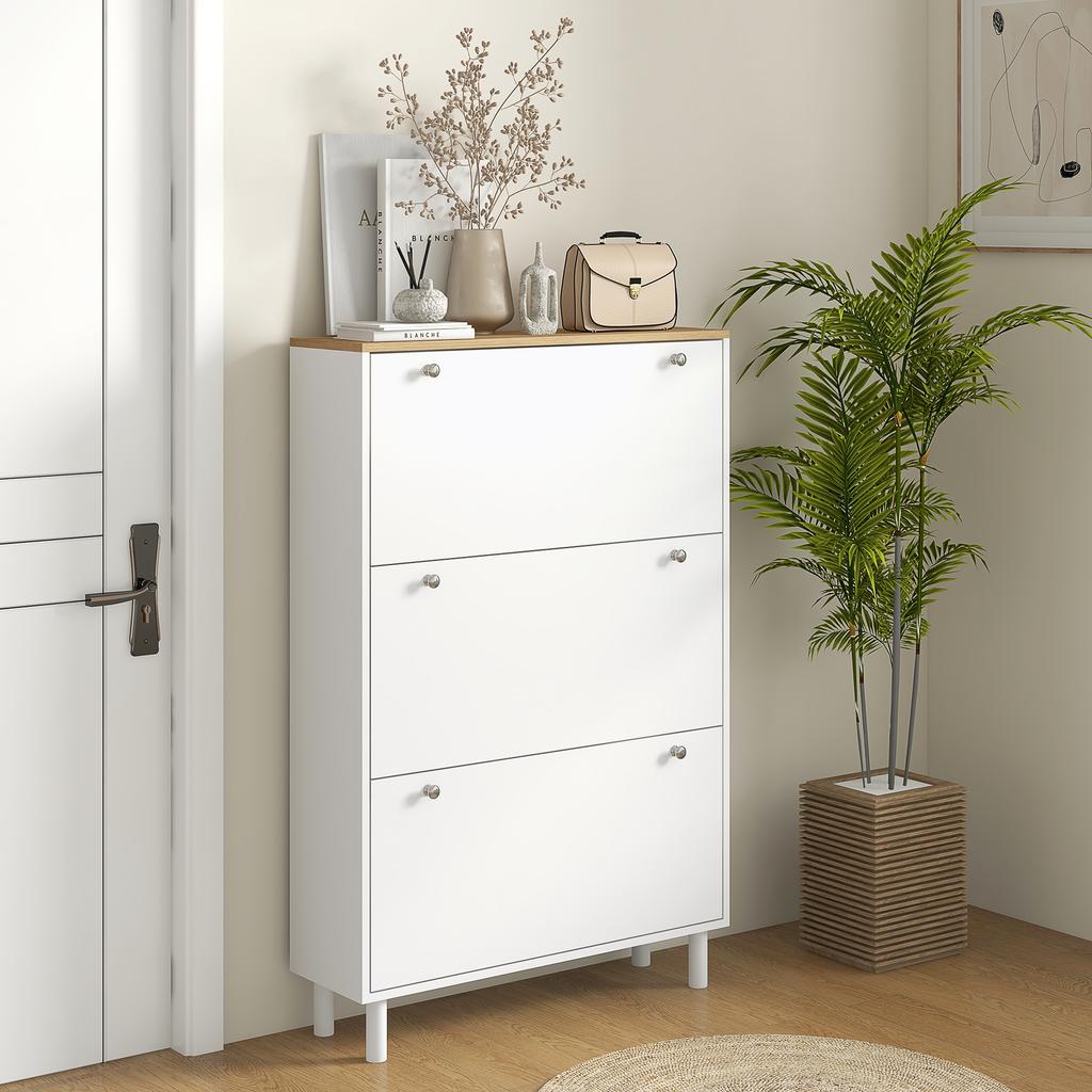 Shoe Cabinet 24 Pairs Narrow Shoe Cupboard With 3 Flip Drawers Adjustable Shelves White